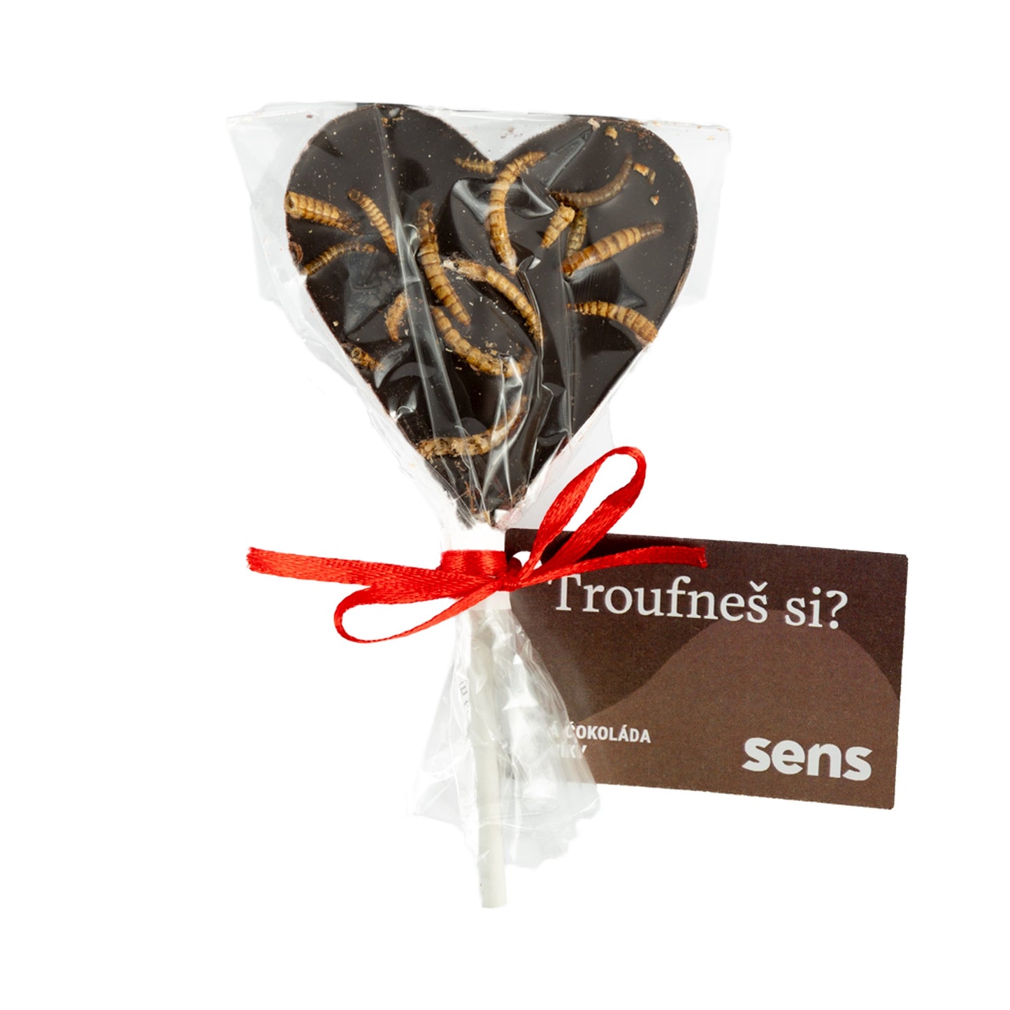 Lízátko z hořké čokolády s praženými červíky (30g)